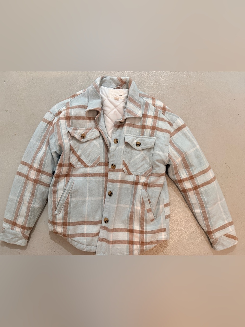 Aeropostale Plaid Quilted Shacket Jacket - Light Blue & Tan